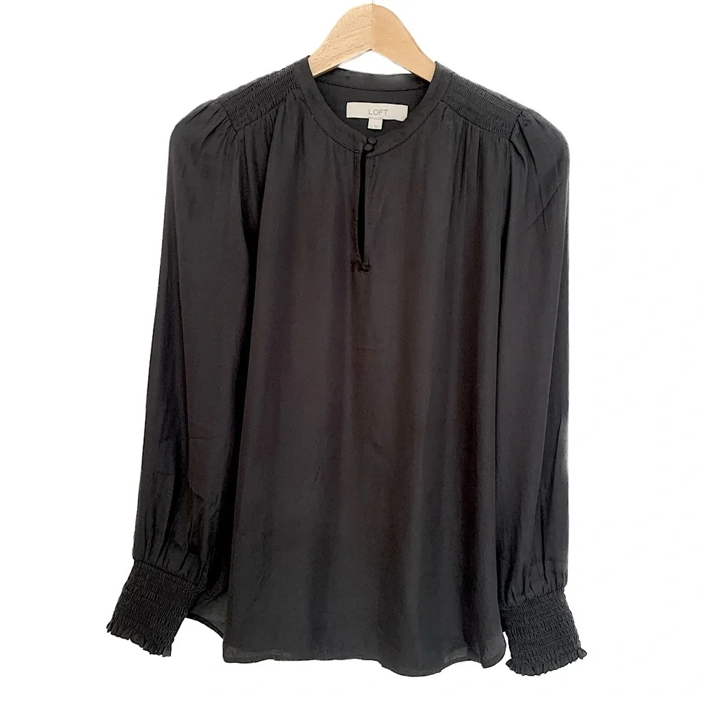 LOFT Black Satin Blouse Womens Size Small Smocked Long Puff Sleeve Fairy Goth